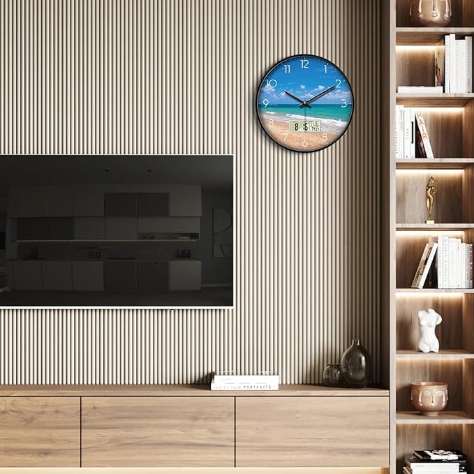 Modern Wall Clocks with Calendar and Date Ocean Wave Sea Beach Digital Clock Large Display Non-ticking Kitchen Silent Clock With Day and Temperature for Elderly Farmhouse Living Room Bathroom 14 Inch