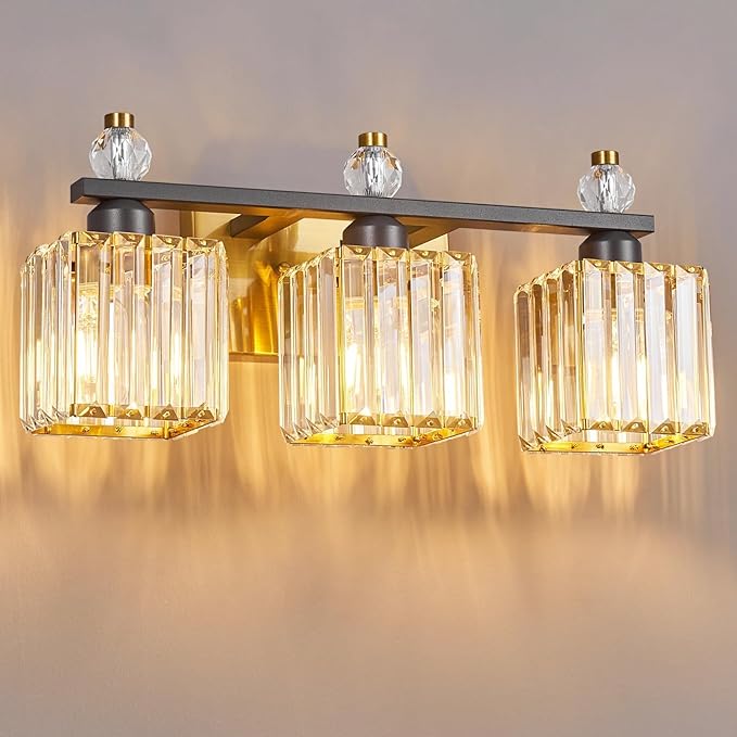 FDPBY 3-Light Modern Crystal Vanity Light - Black Gold Bathroom Light Fixtures Over Mirror