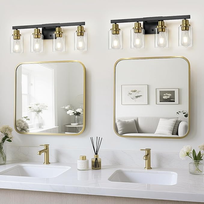 DIKAIDA Bathroom Vanity Light, 4-Light Black and Gold Bathroom Light Fixtures with Clear Glass Shade, Bathroom Lighting Fixtures Over Mirror,Bath Black Wall Lights for Mirror Bedroom,Living Room
