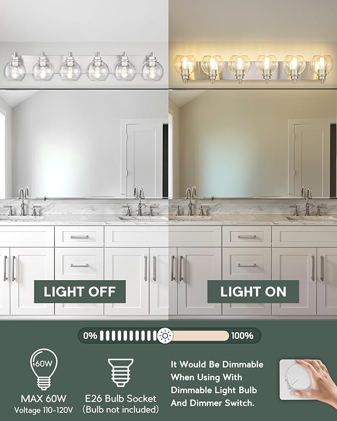 METWET Bathroom Light Fixtures, 6 Light Brushed Nickel Vanity Light, 38 Inch Modern Wall Sconces with Globe Clear Glass Shade, Vanity Lighting Fixtures Over Mirror, VL195-BN-6