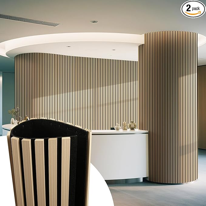 Art3d 2-Pack Acoustic Wood Slat Wall Panel with Roll-Flat Design - 95.3 x 23.8 Inch Sound Absorbing Panels for Living Room Columns Corridor Curved Wall Decor, Oak