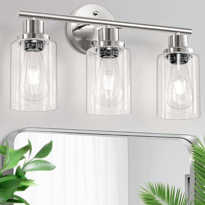 Guliaofo 3-Light Brushed Nickel Vanity Lights, E26 Modern Bathroom Light Fixtures with Clear Glass Shade, Wall Lamps for Mirror Kitchen Hallway Cabinet Living Room Sconces Lights