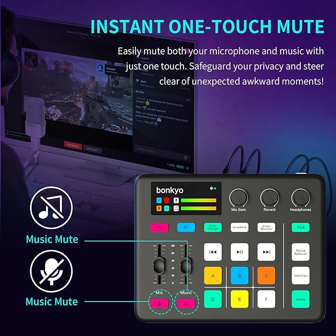 Bonkyo Gaming Audio Mixer & USB Interface with XLR Microphone, Bluetooth 5.0, RGB Effects, 48V Phantom Power, Voice Changer, G1 Sound Card for PS5, TikTok Live Streaming, Podcasting (Black)