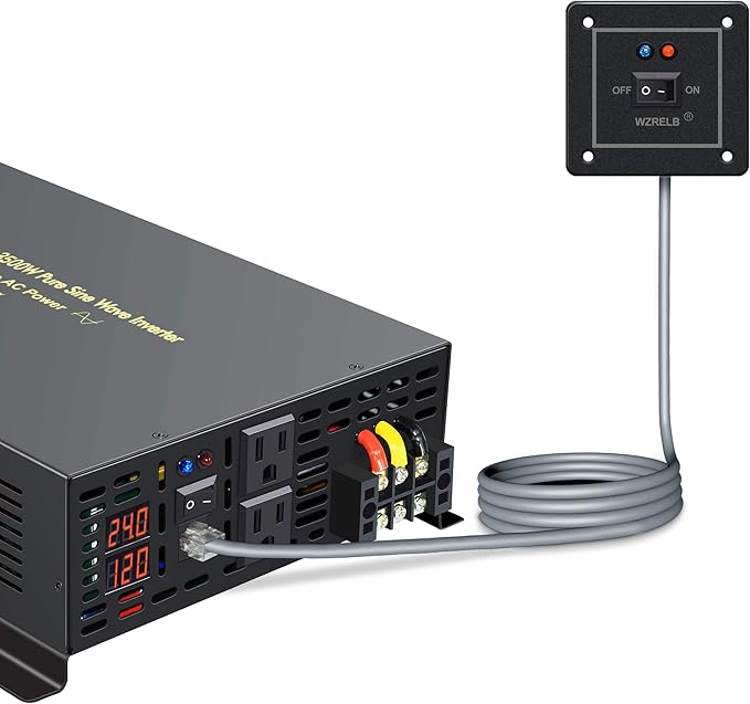 WZRELB 3500W 24VDC 120VAC Pure Sine Wave Power Inverter, 2 AC Outlets, Wired Remote Control, RV (RBP-350024WR)