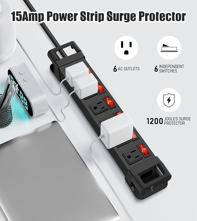Heavy Duty Power Strip,6 Outlets Metal Power Strip with Individual Switch & Cord Management,Mountable Surge Protector 1200J,10FT Extension Cord (Black,10 FT)
