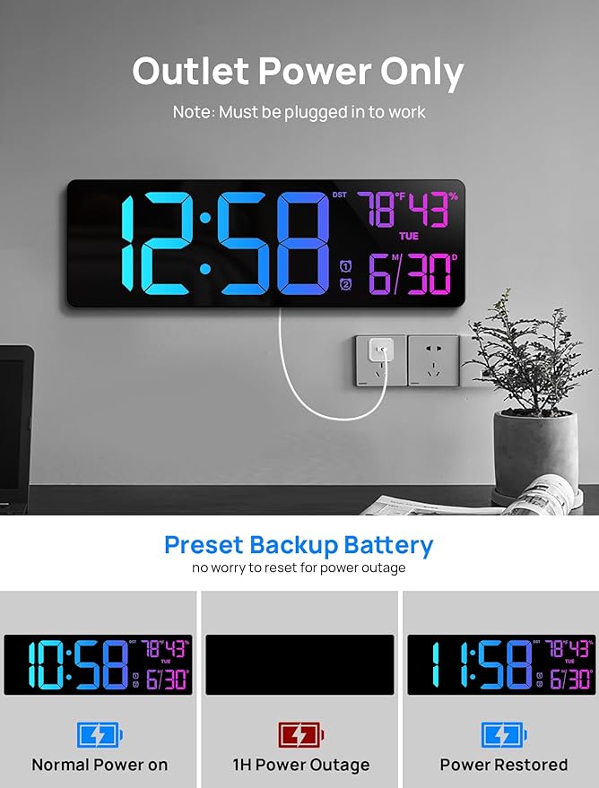 18.5" Large Digital Wall Clock with Remote Control, Big LED Display Digital Clocks with Night Light, Alarm, Countdown, DST, Temp, Date for Living Room, Bedroom, Office, Gift for Seniors(Black)