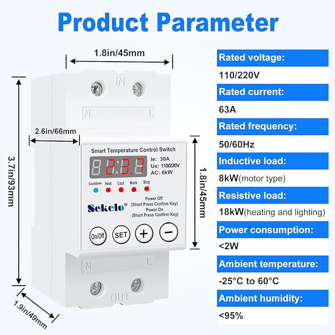 High-Power Temperature Control Switch, Rail-Mounted Digital Thermostat with Real-Time LCD Display for Heating & Cooling, 63A 110/220V, -40°C to 140°C, Ideal for Greenhouses, Aquaculture,Boilers