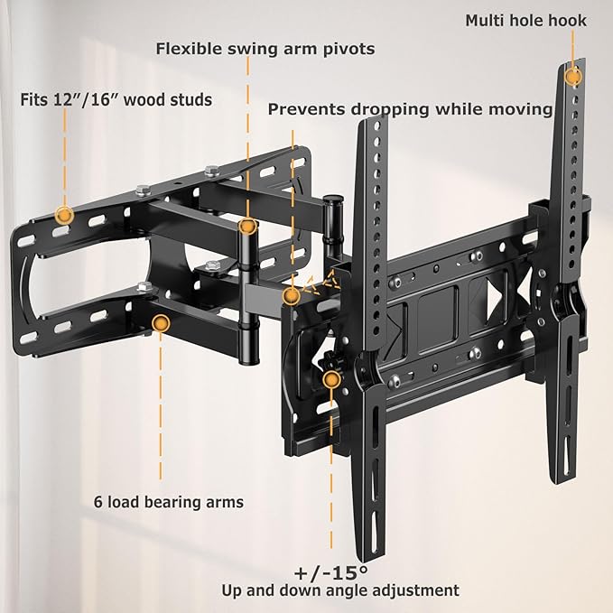 WNJQBY Full Motion TV Wall Mount for Most 26-65 Inch Flat/Curved 4K LED LCD TVs, Rotate Articulating Arms Swivel and Tilt Wall Mount TV Bracket Max VESA 400X400 mm,Fits 12″/16″ Wood Studs
