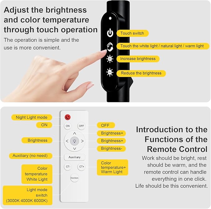 dujunlinghang Bright LED Eye-Protecting Reading Floor Lamps Touch and Remote Dimming 3000-6000k, Tattoo Craft Drawing Makeup Adjustable Gooseneck Standing Light,Living Room Chair Sofa Bedroom Office