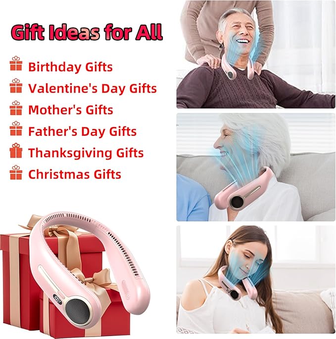 Portable Neck Fan,Hands Free Personal Wearable Bladeless Fan,6000mAh USB Rechargeable,360° Cooling,LED Display,4-Speeds,Birthday Gifts for Men Women Dad Mom,Valentines Day Gifts for Her Him (Pink)