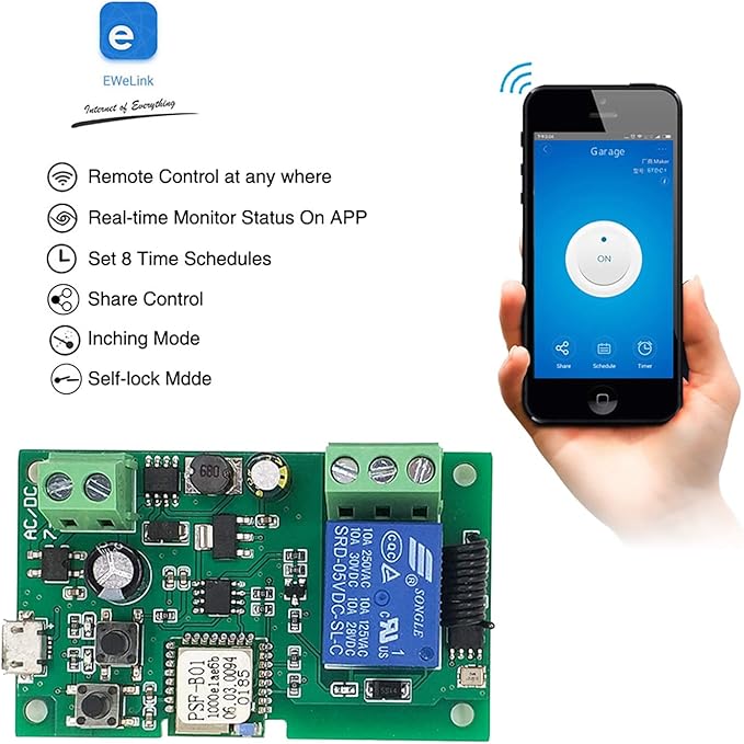 Newgoal 1-Channel Ewelink App Remote Control WiFi Wireless Switch Relay, self-Locking, Interlock Mode, with 433RF Remote Control, Used to Access and Control Smart Garage Doors