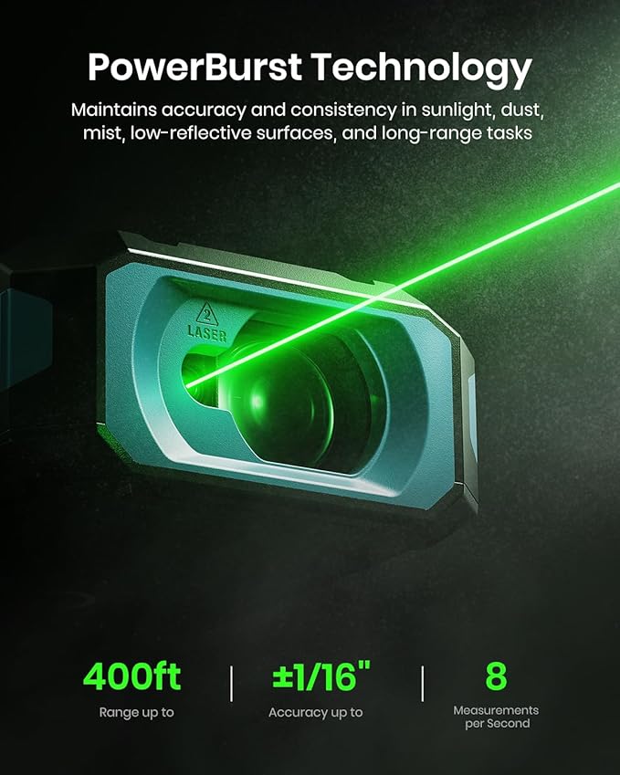 MILESEEY S50 Green-Beam Laser Distance Measure - 400ft Laser Measure, P2P, Side-Laser Alignment, Rechargeable, 2.4" IPS Backlit Display, Area/Volume Measurement, 8 Units, Indoor&Outdoor