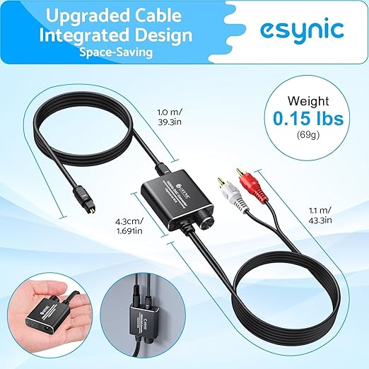 eSynic Portable Optical to RCA Adapter-Volume Control-Built in Voice Amplifier Chilp- 192kHz DAC Converter with 7ft Cable-Plug & Play- for Gaming Console/Blu-Ray/DVD/HDTV to R/L Stereo Audio System