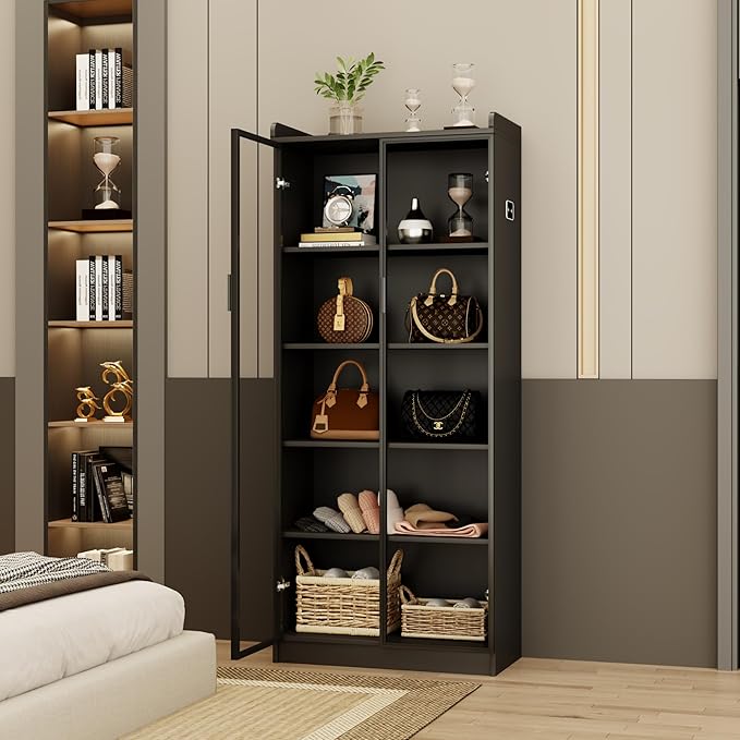 Dystler Display Cabinet with Doors and Adjustable Shelves, 65" Tall Bookcase with LED Lights/Human Sensor, 5 Tier Display Case for Collectibles Bedroom Living Room Office, Black