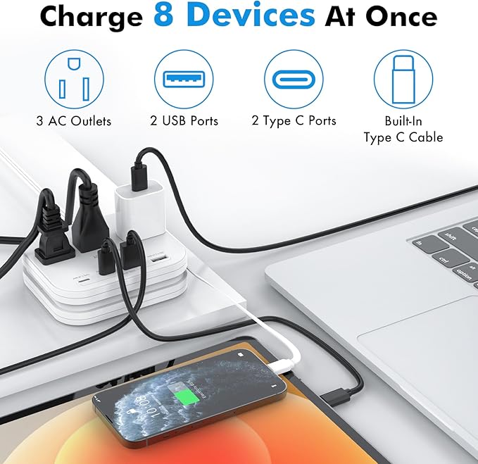 TRAVEL DEPOT Cruise Essentials Flat Plug Power Strip, Durable 5 ft Extension Cord w/ 3 Outlets Extender & Built-In Type C Cable, 2 USB & 2 USB-C Ports, No Surge Protector for Cruise Travel, Dorm, Home