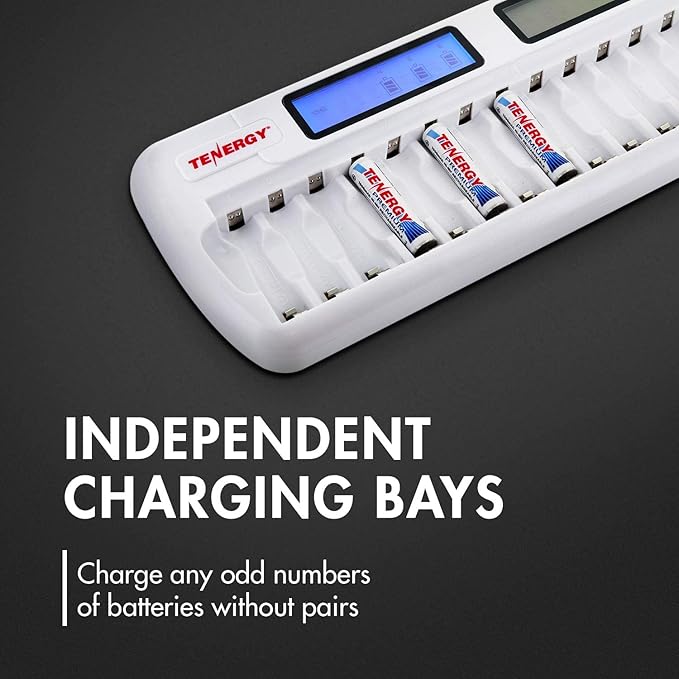 Tenergy TN438 16-Slot Smart Battery Charger for AA AAA NiMH NiCd Batteries with LCD Display + 8 AA and 8 AAA Premium Rechargeable Batteries