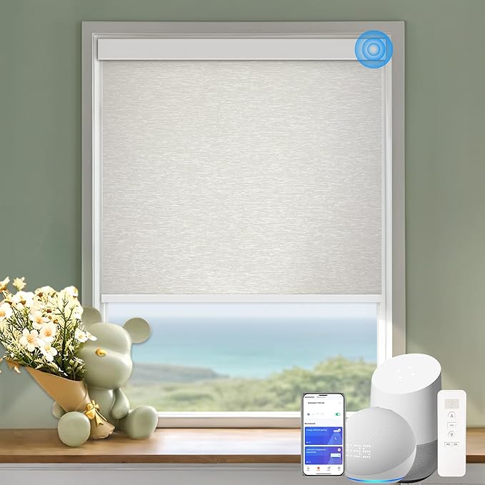 COOLWINDS Motorized Blinds with Remote Cordless Automatic Motorized Shades Custom Blinds for Windows Smart Curtains Compatible with Alexa Google Home(Blackout Jacquard Beige,W33 x H72in)