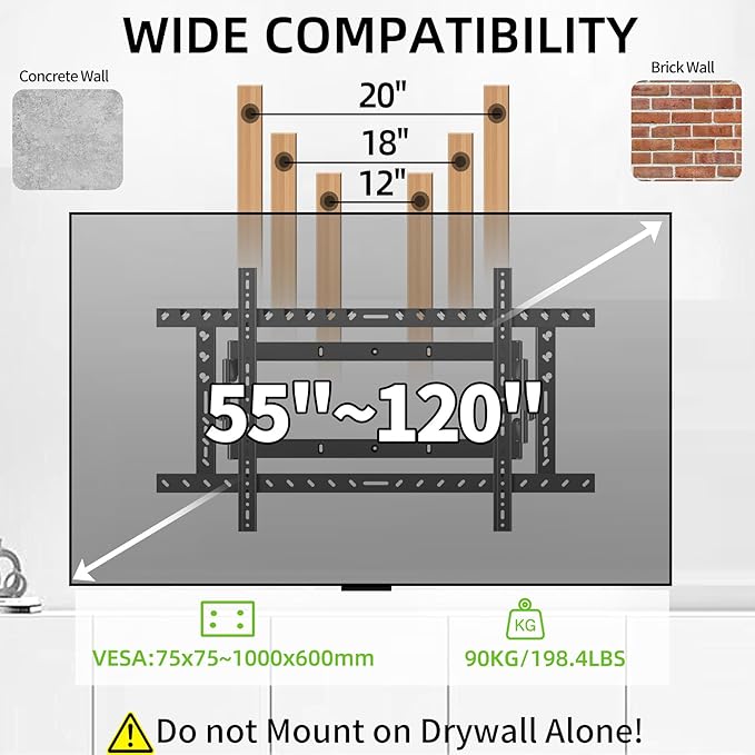HILLPORT 98 Heavy Duty 75 85 86 100 110 120 inch TV Wall Mount Slim Extra Large Screen Recessed for Flat and Curved, Extended Arm Swivel Mount, Max VESA 1000x600mm, Up to 176.4lbs DY1020L