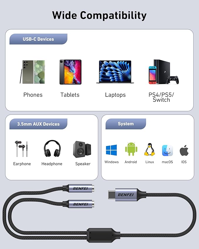 BENFEI USB C to Dual 3.5mm Audio Splitter, Headphone Adapter for 2 People to Share Music & Movies, Compatible with iPhone 16/15 Pro Max/Pro/Plus, Samsung GalaxyS23/S22, iPad Pro, MacBook, Pixel & More
