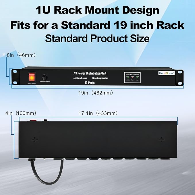 ThePoEstore 10 NEMA 5-15R Outlet Surge Protector PDU, 120V 15A 3600J 10KA, 1U Rack Mount Power Strip for Network Server Racks, AV Equipment, & More - 14AWG 6ft Cord