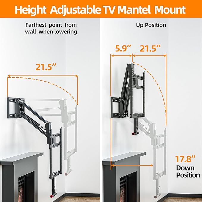 Pull Down TV Mount for Fireplace, Height Adjustable for Most 43-80 Inch TVs, Max VESA 600x400mm up to 80lbs, Full Motion Articulating Above Mantle Installation