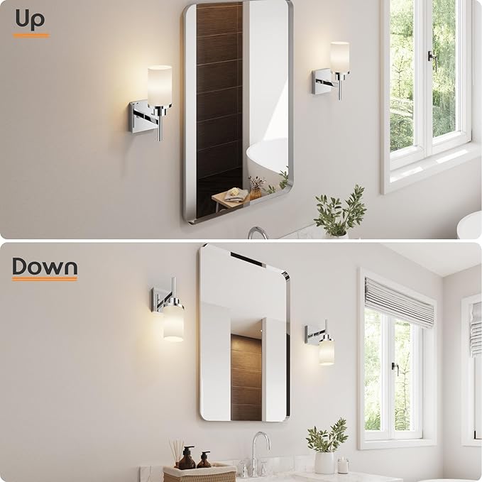 AONEON Vanity Lights Polished Chrome Bathroom Light Fixtures with White Frosted Glass Shade, Wall Sconces for Mirror Hallway Entrance, 2 Pack T001CH-L1-P2