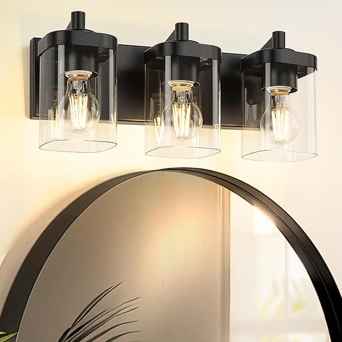 METWET Bathroom Light Fixtures Over Mirror, 3-Light Matte Black Vanity Light with Square Clear Glass Shade, Modern Wall Sconces, Vanity Lighting Fixtures, VL194-MB-3