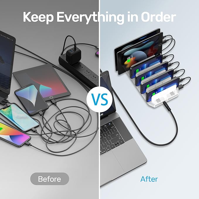 【5PCS】 Unitek Multi Charging Station, 10-Port USB Charger for Multiple Device with SmartIC Tech and Adjustable Dividers, Organizer Stand Compatible with iPad, Tablet, Kindle, iPhone - 5PCS, White