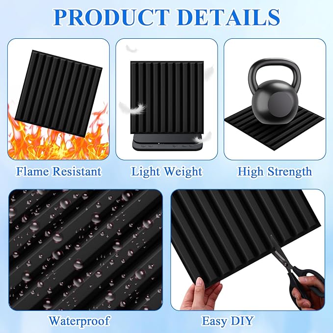 Nuanchu 90 Pcs 3D Slat Wall Panels 12 x 12 Inch PVC Fluted Textured Panel Cuttable Paintable DIY Wall Art Decorative Tiles for Ceiling Studio Bathroom Interior TV Background (Black)