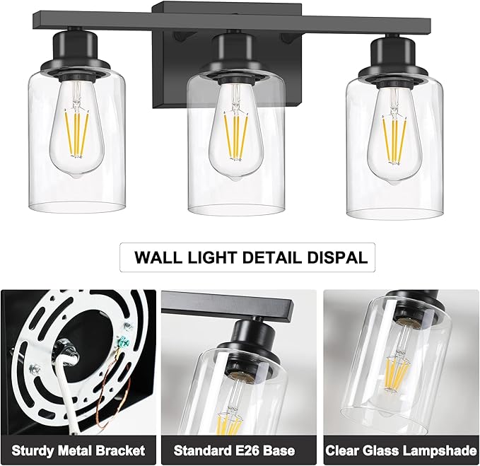 DIKAIDA 3-Light Bathroom Light Fixtures, Black Bathroom Vanity Light with Clear Glass Shade, Modern Bathroom Wall Lights Over Mirror, Farmhouse Wall Sconces Lighting for Bedroom LivingRoom