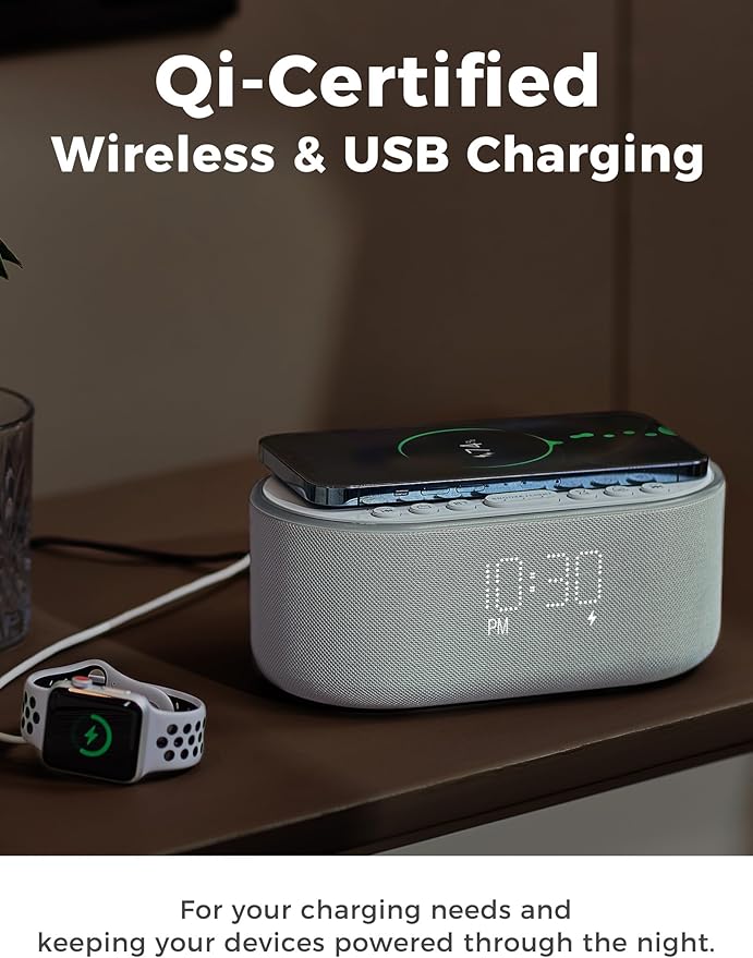 Odokee Wireless Charging Alarm Clock Radio: Qi Certified Fast Wireless Charger for iPhone Samsung - 10W Stereo Bluetooth Speaker - Dimmable Digital Clock with FM Radio for Bedroom Cloud Blue
