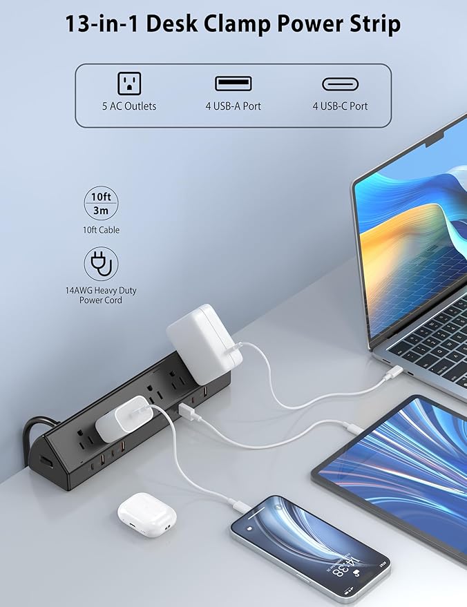 Desk Clamp Power Strip 65W Fast Charging Station,4 PD USB-C,5 Outlets,Nightstand Desk Edge Mount Tower Surge Protector,15 Amp Heavy Duty Power Strip,Fits 1.96" Tabletop Edge (Black, 10 FT Cable)