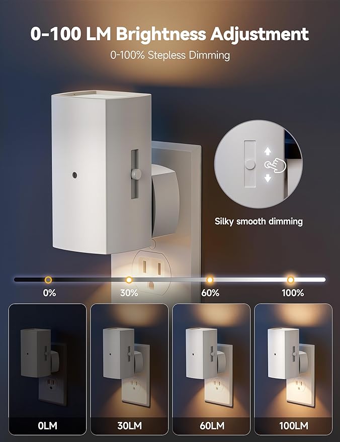 Brightown 2 Pack White Night Lights Plug into Wall, Modern Night Light with Rotating Plug, Dusk to Dawn Sensor, 0-100LM Stepless Dimming Aora Night Light for Hallway Bedroom Bathroom, Soft White
