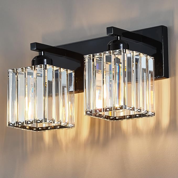 FDPBY Modern Bathroom Vanity Light 2-Lights Plating Black Crystal Bathroom Wall Light Vanity Light Fixtures