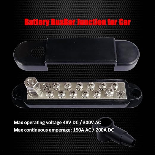 1/4" Stud Power Distribution Block Bus Bar with 12 x #8 Screws, Ampper 5.3" 12V 150A Marine BusBar Battery Distribution Block W/Cover for Car Audio Boat Solar (Black)