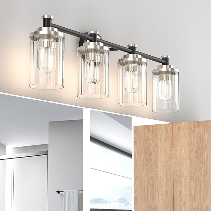PHIXART Bathroom Lighting Fixtures Black and Brushed Nickel Bathroom Vanity Light with Cylindrical Clear Stripes Glass Lampshade E26 Socket Base Bathroom Lighting Fixtures Over Mirror (4 Lights)