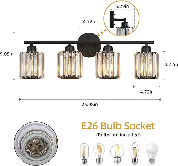 FDPBY Modern 4 Light Crystal Vanity Light, Black Vertical Bathroom Light Fixture Over Mirror for Dressing Table Sink, Compatible with Dimmable Bulbs (Bulbs Not Included)