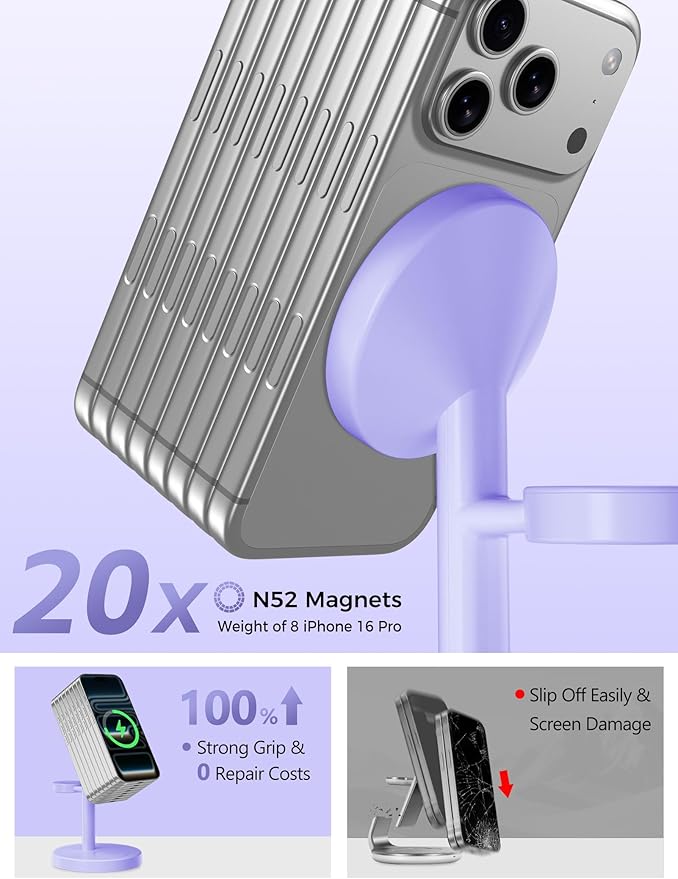 Aeinidi 2026 3 in 1 Wireless Charging Station Compatible with MagSafe, 15W Fast Magnetic Mag-Safe Charger Stand for Apple iPhone 17 16 15 14 13 12 Series iWatch AirPods Pro 4 3 2, Purple