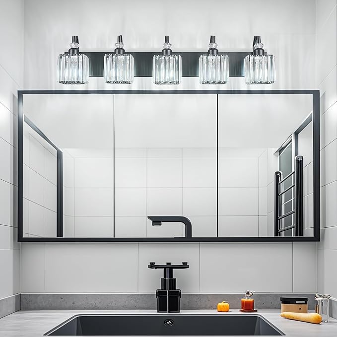 BBLLWJ Crystal Vanity Lights - Black 5 Light Modern Bathroom Vanity Light Fixtures Over Mirror