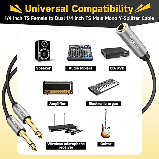 Togconn 2-Pack 1/4 inch TS Mono Splitter Y Adapter, 6.35mm Mono Female to Dual 6.35 mm TS Mono Male Jack, Quarter inch Audio Speaker Splitter Converter Cable 1 Feet, Gold Plated Connectors
