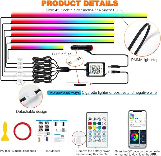 Jushope Acrylic LED Lights - Interior Car Ambient Lighting Kits with Dynamic Rainbow Dream Color Chasing, Music Sync (6 in 1(4 * 29.5+43.3+14.5 inches))
