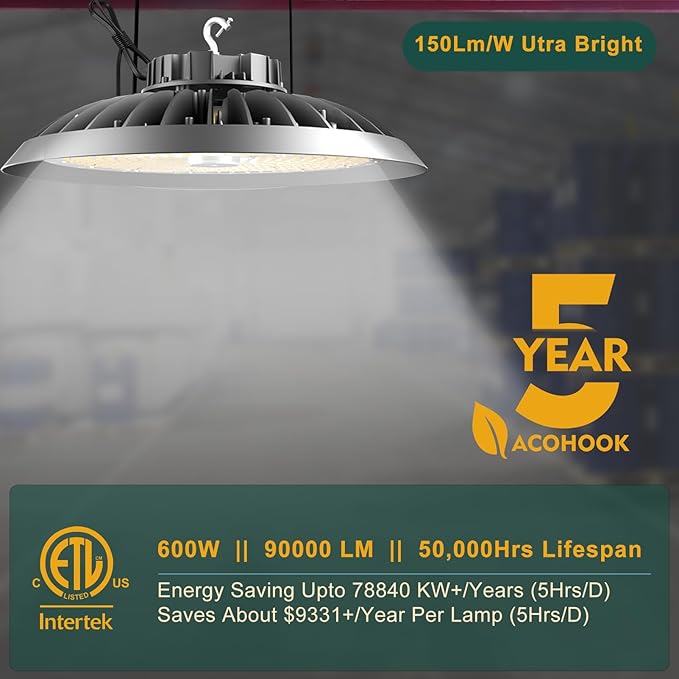 ACOHOOK 2Pack 600W UFO LED High Bay Light 5000K Daylight, 90,000 Lumens Super Bright, 100-277V Wide Voltage, Commercial High Bay Lighting for Warehouse Factory Gym, 3.3' Cable & US Hook, Plug& Play