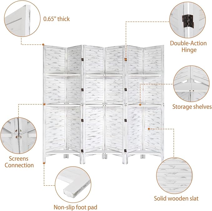 Bonnlo 6 Panels Wood Room Divider with Shelves, 6 FT Height Folding Privacy Screens, Indoor Freestanding Room Partition Wall Divider, Hinged Space Separator (Grey, 6 Panel)
