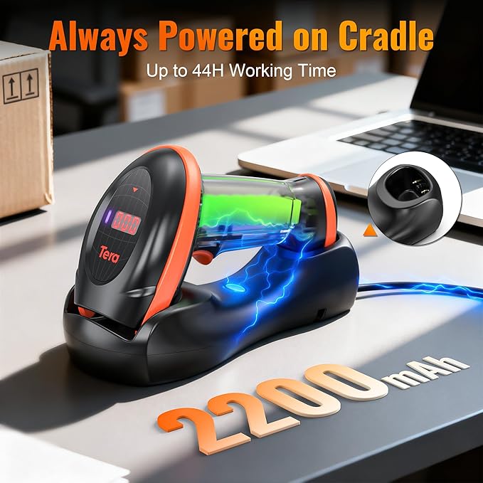 Tera Pro Series Wireless 1D 2D QR Barcode Scanner with Cradle Display Counting Screen Extra Fast Scanning Speed Ultra High Resolution Handheld Image Bar Code Reader for Warehouse Inventory HW0008