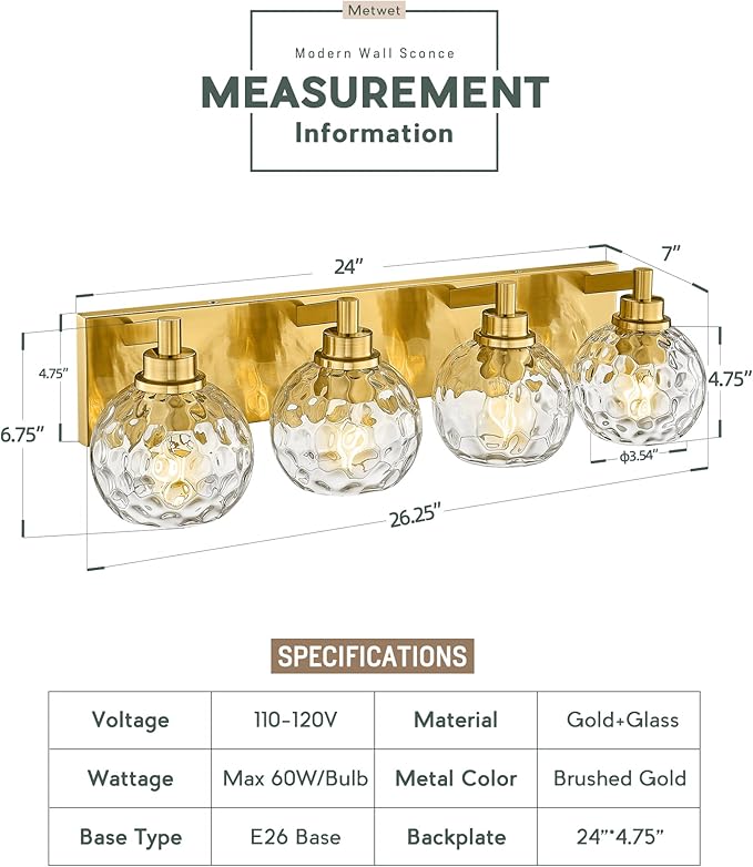 METWET Bathroom Light Fixtures Over Mirror, 26" Brushed Gold Bathroom Vanity Light with Clear Hammered Glass Globe Shade, 4-Light Modern Sconces Wall Lighting, VL200-BG-CL-4