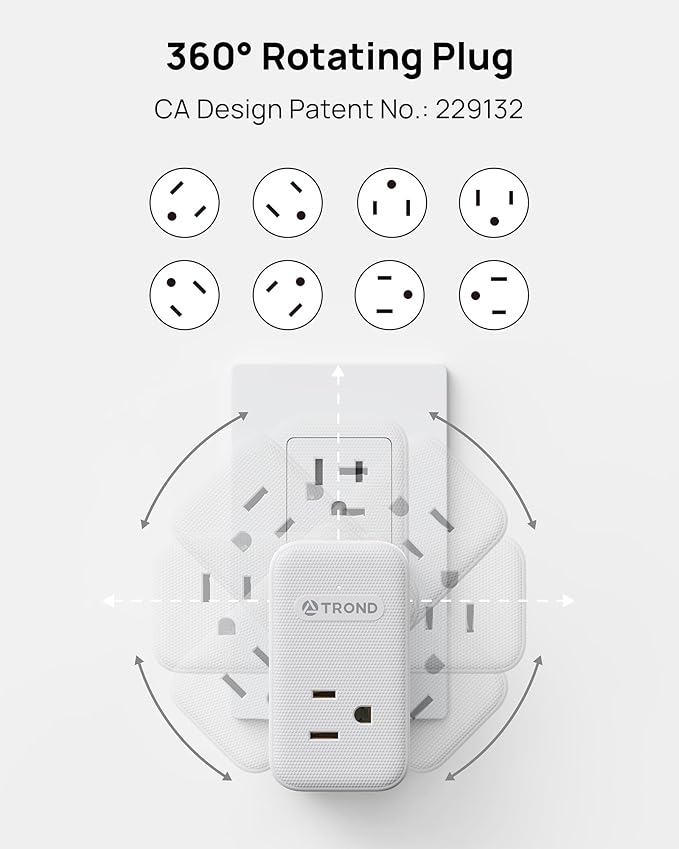 TROND Outlet Extender with 360 Rotating Plug, 3 AC Outlet Splitter with 2 PD 20W USB C Charger, USB Wall Plug Adapter, A Small Charging Station for Kitchen Bathroom Cruise Ship Travel Essentials