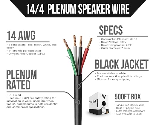 Voltive 14/4 Speaker Wire, Plenum CL3P, Black, 500ft - 14AWG, 4 Conductors, Stranded Oxygen-Free Copper, UL Listed - V-1216-3