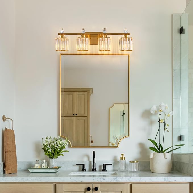 FDPBY Vanity Lights 4-Light Modern Crystal Vanity Light Gold Bathroom Light Fixtures Over Mirror Crystal Bathroom Vanity Lighting Fixtures