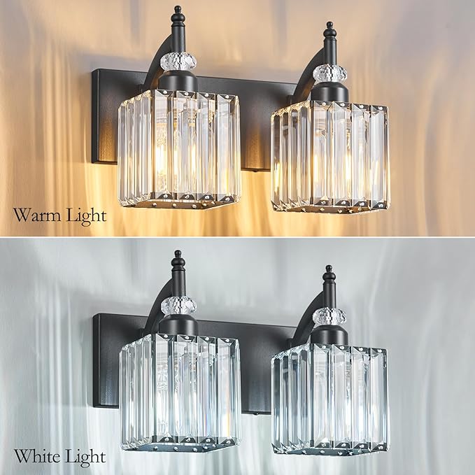 BBLLWJ Modern Bathroom Vanity Light 2-Light Black Crystal Light Fixtures Over Mirror for Bathroom Wall Sconce