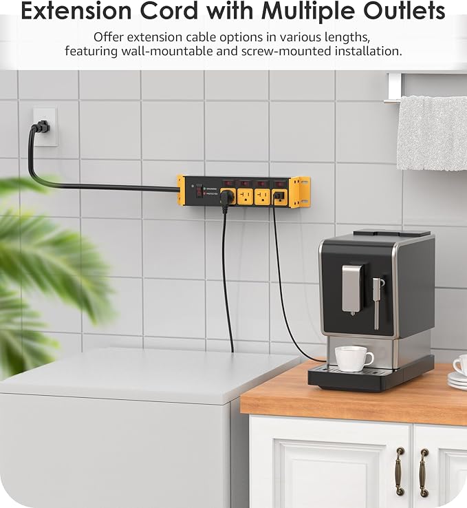 CCCEI Heavy Duty Surge Protector Power Strip 20 Amp Individual Switches. 25FT 12 Gauge Extension Cord with Multiple Outlets. Kitchen, Garage, Shop, Industrial Wall Mount Electric Extender, Yellow.